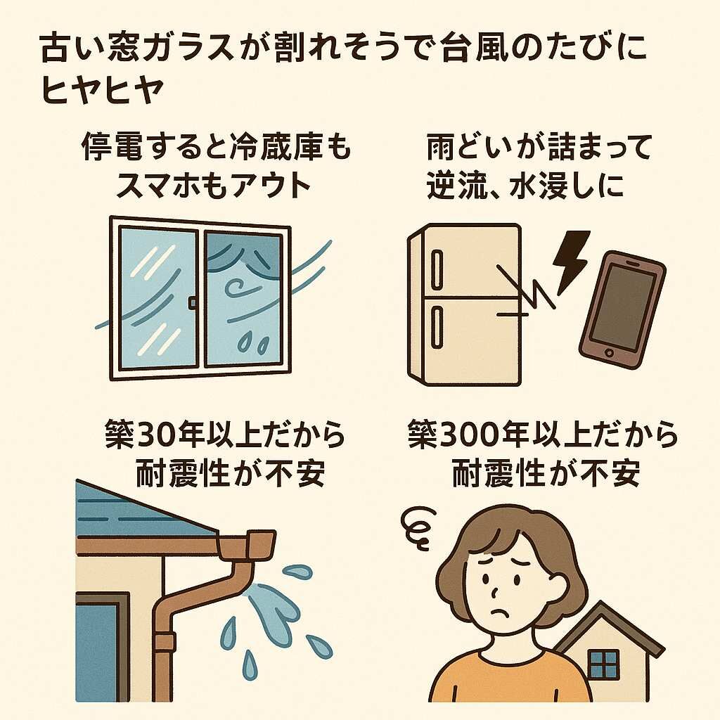   台風で古い窓ガラスが割れそうで不安、停電で冷蔵庫やスマホが使えない、雨どいが詰まって逆流して水浸しになる、築30年以上で耐震性が不安といった住まいの防災に関する悩みを表現    