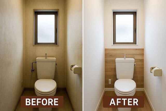   岡崎市柱町で行ったトイレ壁紙リフォームのビフォーアフター写真。左は黄ばんで暗い壁紙、右は白と木目のアクセントで明るく清潔に生まれ変わった様子    