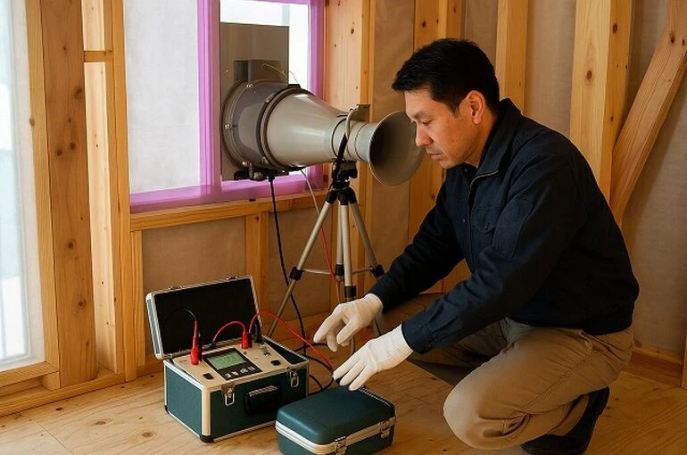 新築住宅の施工現場で、大工が気密測定用のファンと測定器を使いながらC値を確認している様子。丁寧な気密施工と高性能住宅づくりのこだわりが伝わるシーン。