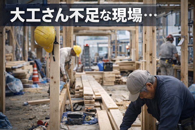   木造住宅の建築現場で作業する職人の姿。大工不足が進む現場の現状を表したイメージ    