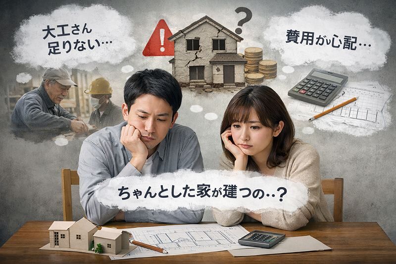   注文住宅の間取り図を見ながら、将来の住まいについて話し合う夫婦の家づくり計画風景    