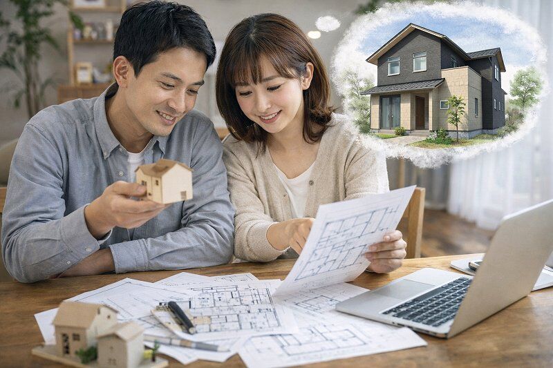   家づくりを検討する中で、大工不足や費用面に不安を感じている日本人夫婦の様子    