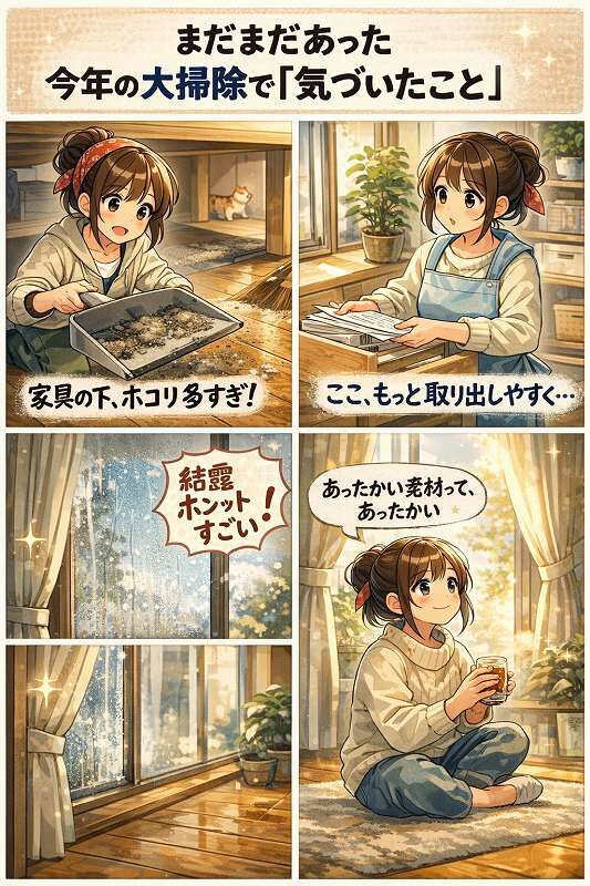   年末の大掃除中、収納箱を抱えて「全然使ってない物」に気づくアニメ風の女性。暮らしの見直しを感じる室内シーン    
