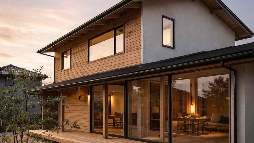   自然素材を取り入れたモダンデザインの注文住宅外観    