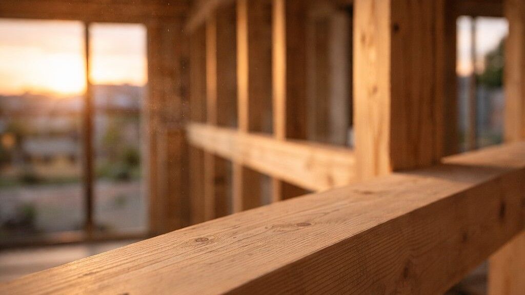   木造住宅で見える梁と柱の構造美と夕日の光    