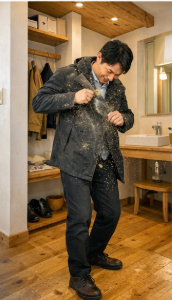   帰宅時に服についた花粉を落とす男性｜花粉を持ち込まない動線対策    