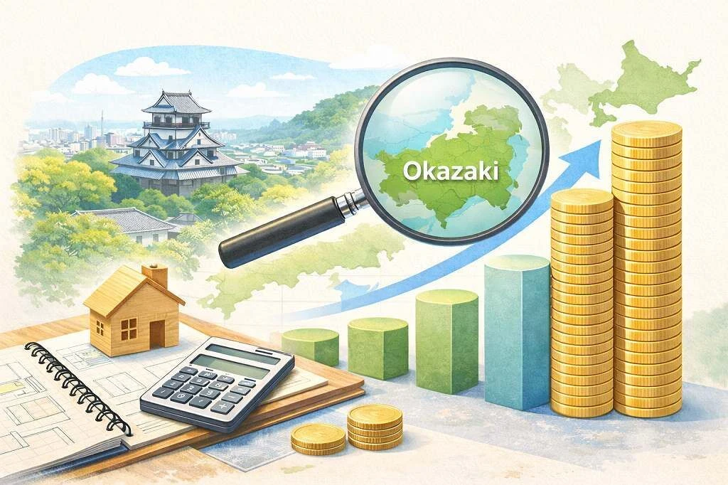 岡崎市の街並みと住宅をモチーフに、リフォーム費用の傾向をイメージしたイラスト。家の模型やコイン、グラフを用いて、全国平均よりやや高めの費用感をやさしく表現したビジュアル。