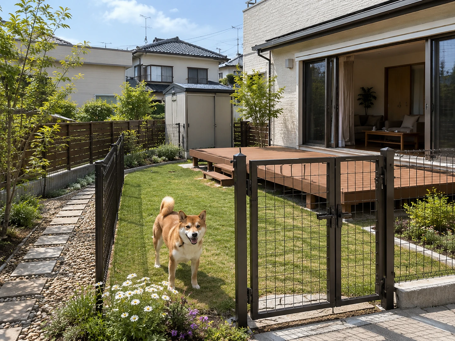 岡崎市の犬と暮らす外構リフォームで庭にフェンスとゲートを設けた施工イメージ