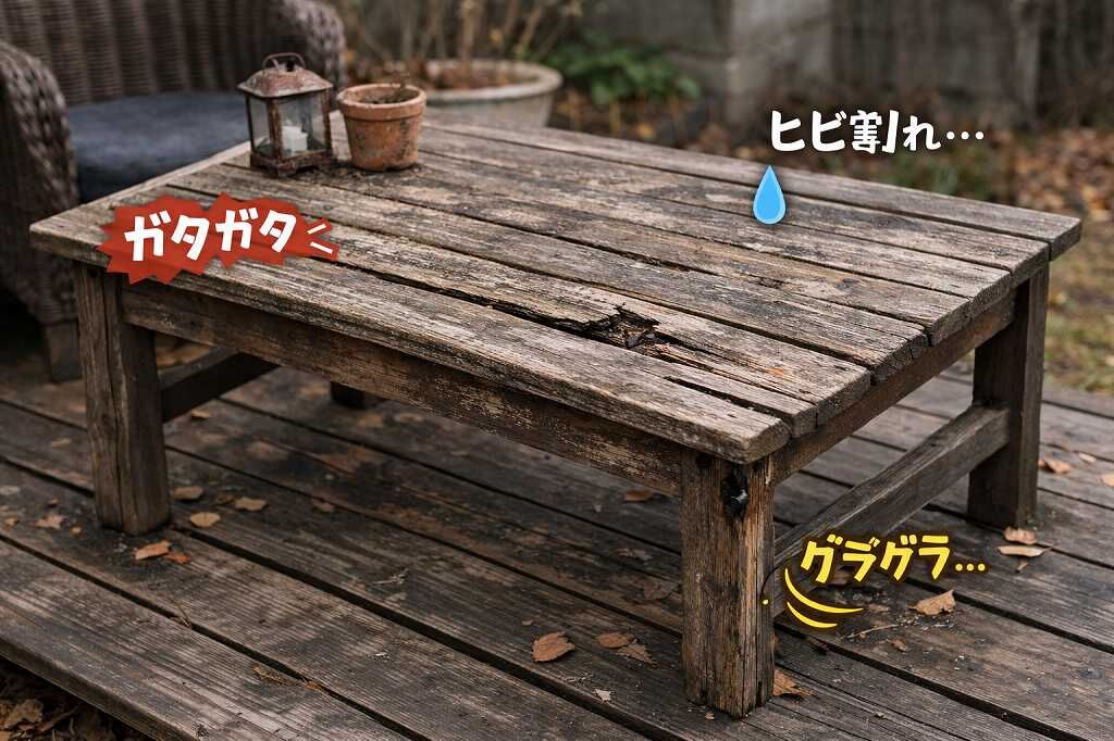   ウッドデッキ上で劣化し、ひび割れやぐらつきが出てきた屋外用木製テーブルの施工前写真    